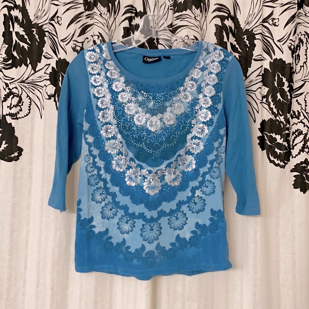 Onque Causals blue & silver bedazzled top 3/4 length sleeves and layered design